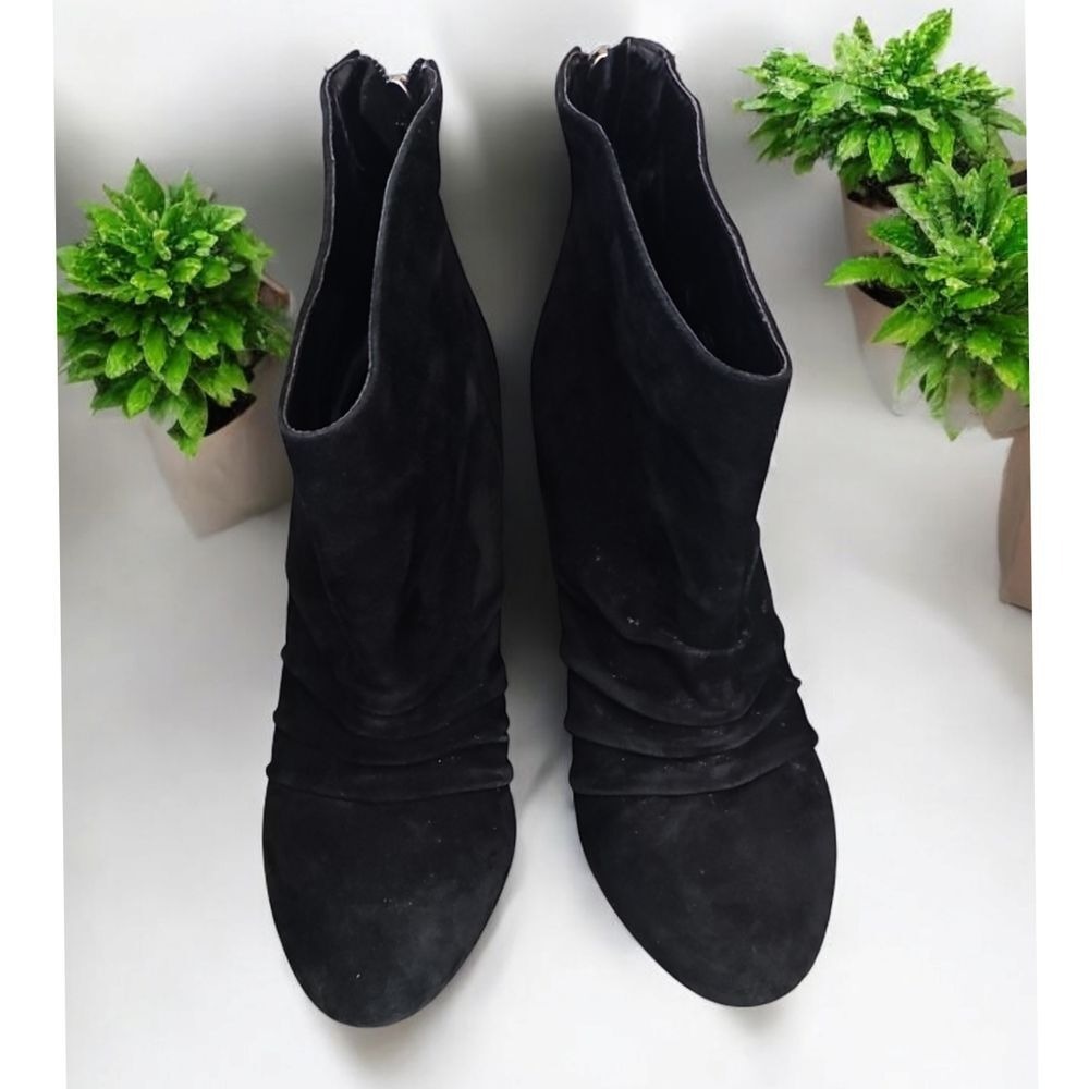 Marco Santi Elegant Black Suede Wedge Ankle Boots‎ with Gold Zipper Detail 9.5